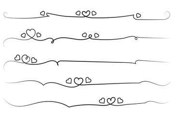 hand-drawn thin line heart swirl ornate, wavy line decorative hearts, calligraphy heart swirl Flourish ornament, outline doodle love Valentine Day design elements, continuous line swirl hearts