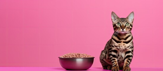 Bengal cat and pink scoop for cat litter tray. - obrazy, fototapety, plakaty