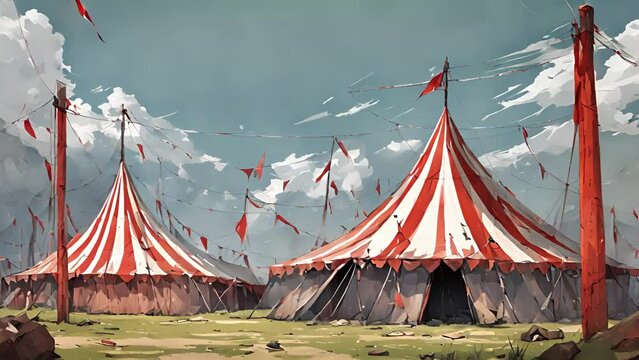 dilapidated circus tent looms distance, tattered white stripes frayed torn. approach, tent seems grow larger larger, expanding into another dimension. Unsettling music 2d animation