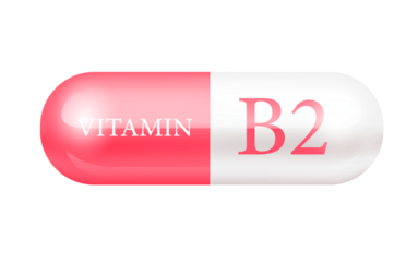 Capsule vitamin B2 (Thiamine) structure pink, white. Vitamin complex with chemical formula. Drug business. Personal care, beauty concept. Cut out PNG transparent pill.	