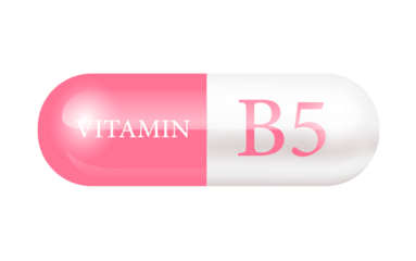 Capsule vitamin B5 isolated on cut out PNG (Thiamine) structure light pink, white. Vitamin complex with chemical formula. Drug business. Personal care, beauty concept. transparent pill.