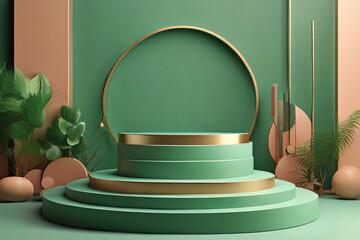 Circle podium on green scene Geometric background concept 3d render and illustration