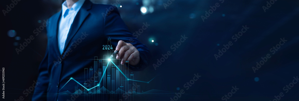 Leinwandbilder businessman analysis calculates financial data of growth for long-term investments with digital grap