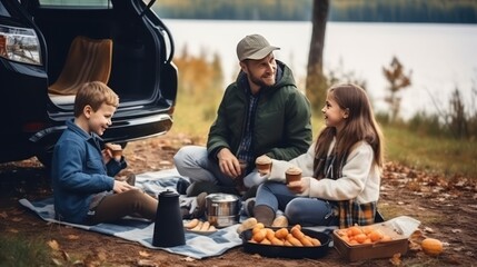 Family vacation holiday. Father with two kids having fun on the river. Photo of a happy family on a picnic and a car on the side. Family traveling by car. - obrazy, fototapety, plakaty