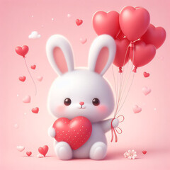cute baby bunny holds red heart with balloons floating it the sky on valentine day