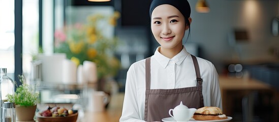 Asian woman serving coffee or tea, looking at camera in a modern cafe while holding a tray of coffee.