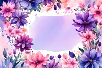 Beautiful colorful blank frame with purple and pink flowers in abstract watercolor style
