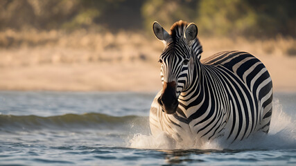 Fototapeta na wymiar Zebra running through water Stock Photo