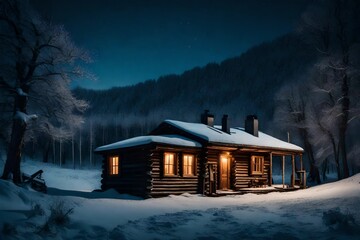 At night, a small wooden cabin amid a winter landscape