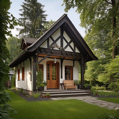 Tiny one floor timber frame house with double front doors and terrace design