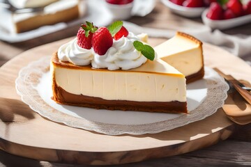 Cheesecake with freshly whipped cream served outside on a white wooden table