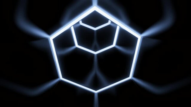 Rotating cyber tunnel with neon hexagonal lines. Design. Moving dark tunnel with reflection of neon lines on surface. Cyber tunnel immersing in virtual reality