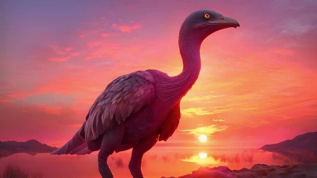 An Ornithocheirus circles through a raging pink and orange sunset..