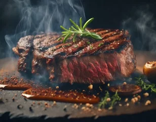 Fotobehang 鉄板で焼かれた完璧なステーキ - 美味しさを引き立てる熱々の演出 © BRIDGE