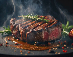 鉄板で焼かれた完璧なステーキ - 美味しさを引き立てる熱々の演出