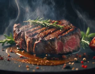 Fotobehang 鉄板で焼かれた完璧なステーキ - 美味しさを引き立てる熱々の演出 © BRIDGE