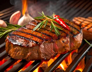 Fotobehang 炭火焼きの完璧なステーキ - グリルの炎と共に楽しむ美食の瞬間 © BRIDGE