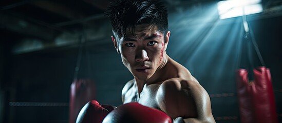 Fit Asian athlete trains in an abandoned building, practicing boxing with air punches. Active male boxer hones kickboxing skills in dark.