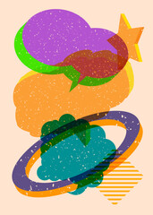 Risograph three speech bubble with geometric shapes. Objects in trendy riso graph print texture style design with geometry elements.
