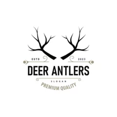 Fototapeten Deer logo, vintage wild deer hunter design deer antlers Product brand illustration © Mayliana