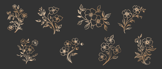 Set Floral branch and minimalist leaves for logo or tattoo. Hand drawn line wedding