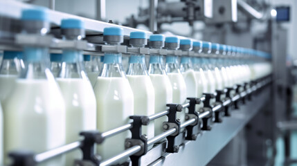Factory Milk Bottling Line at Dairy Production Plant Glass bottles with a dairy product on a production line