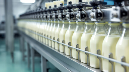 Factory Milk Bottling Line at Dairy Production Plant Glass bottles with a dairy product on a production line