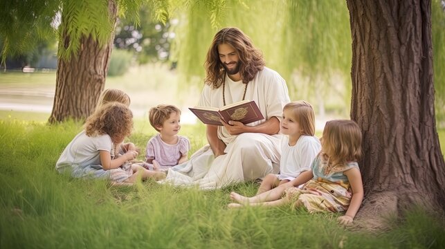 Jesus sitting in clearing under tree reading book and smiling with children. Jesus teaches children new knowledge by reading book under tree on warm summer day. Jesus shares knowledge with children