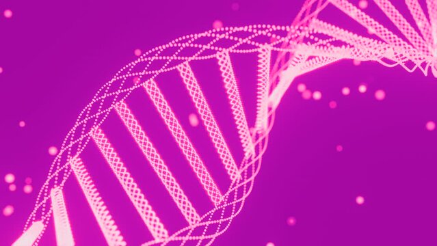 Dna helix consists of spirals. Design. Beautiful dna helix structure with moving dots. Dna spiral rotates on colored background