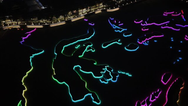 From a height at night, the miniature Indonesian archipelago at Taman Mini Indonesia Indah looks amazing when taken using a drone. 