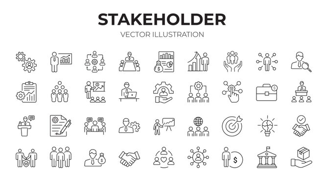 Stakeholder editable stroke icons set. Business, teamwork, trade unions, suppliers, government, customers, creditors, community, investors and partners. Vector illustration