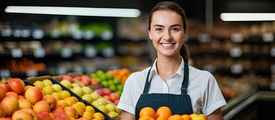 A Caucasian saleswoman in a grocery store is looking at the camera with a smile, holding a fruit basket and restocking fruit on the shelf.