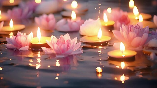 Closeup of delicate flower petals floating in the water, illuminated by the soft light of the candles.