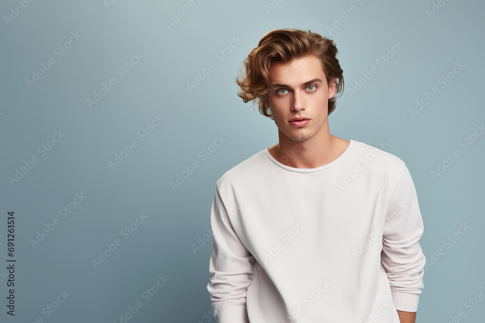 Wall mural Mockup shirt for design. Portrait of confident young man in short blonde hair wear blank long sleeve T-Shirt. - Wall murals