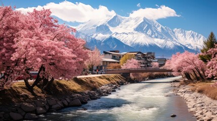 landscape picture of Mount Everest area with blooming pink Sakura or Cherry blossom beside clear...