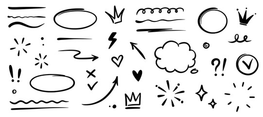Hand drawn highlight, text underline, emphasis mark, line shape set. Hand drawn scribble arrow, love heart, speech bubble, crown element. Marker, pen brush stroke graphic element. Vector illustration