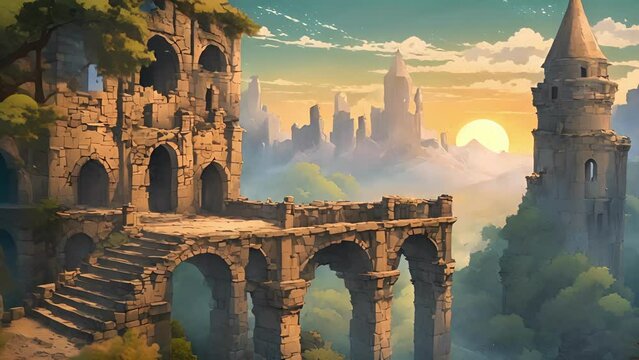 ghostly mist shrouds Cryptic Castle Ruins, lending otherworldly aura deserted site. ruins, lone tower stands, spiral staircase leading darkened room peak. moon rises, 2d animation