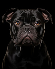 Black bulldog portrait isolated on black background