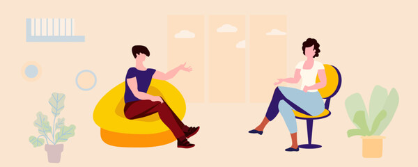 Woman Interviewing Man in Room with Window, Vector Illustration