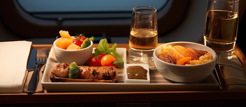 Business class travel image with appetizing plane tray.