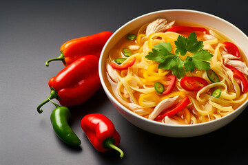 Chicken Noodle Soup With Grenn Red Peppers And Garnish