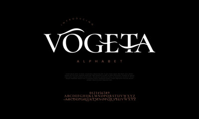 Vogeta premium luxury elegant alphabet letters and numbers. Elegant wedding typography classic serif font decorative vintage retro. Creative vector illustration