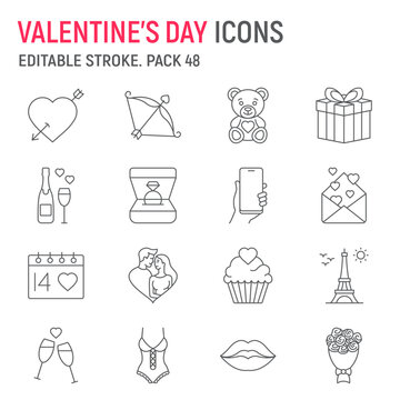 Valentines day line icon set, wedding collection, vector graphics, logo illustrations, Valentines day vector icons, love signs, outline pictograms, editable stroke