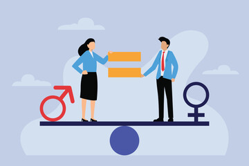 Man and woman with symbol on the scales feeling equal discrimination 2d vector illustration concept