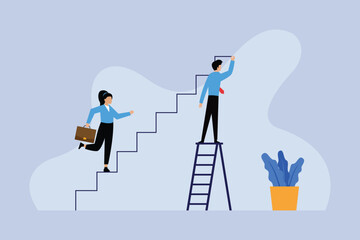 Businessman drawing stairs to his partner 2d vector illustration concept