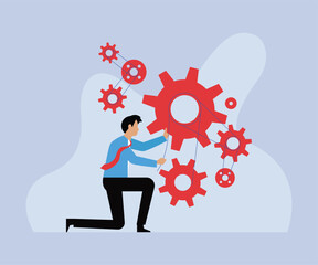 Businessman fixing cog wheel turning 2d vector illustration concept