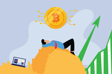 Relaxed businessman lying comfortably on money or bitcoin