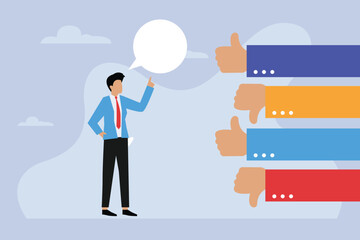 Businessman getting positive and negative feedback from customers