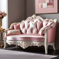 Pink hues, mother-of-pearl, and precious stones in delicate designs express natural beauty, extended to women's furniture for a mysterious, exquisite vibe.(Generative AI)