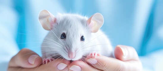 A vet examines a dumbo siam white rat with blue-gloved hands.